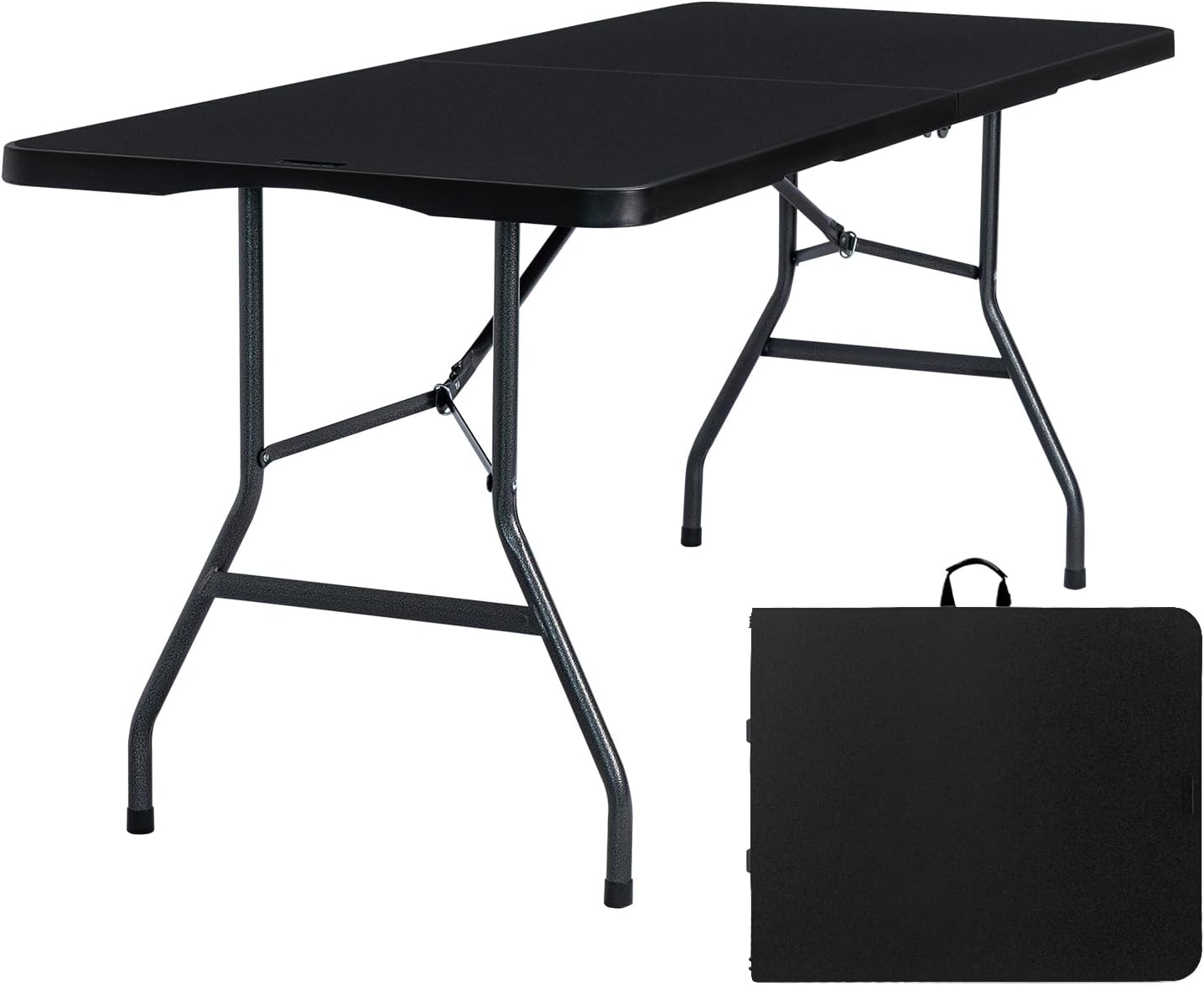 Folding Table 6ft Portable Heavy Duty Plastic Fold-in-Half 6 Foot Foldable Table Utility Dining Indoor Outdoor with Carrying Handle for Camping Picnic and Party, Black