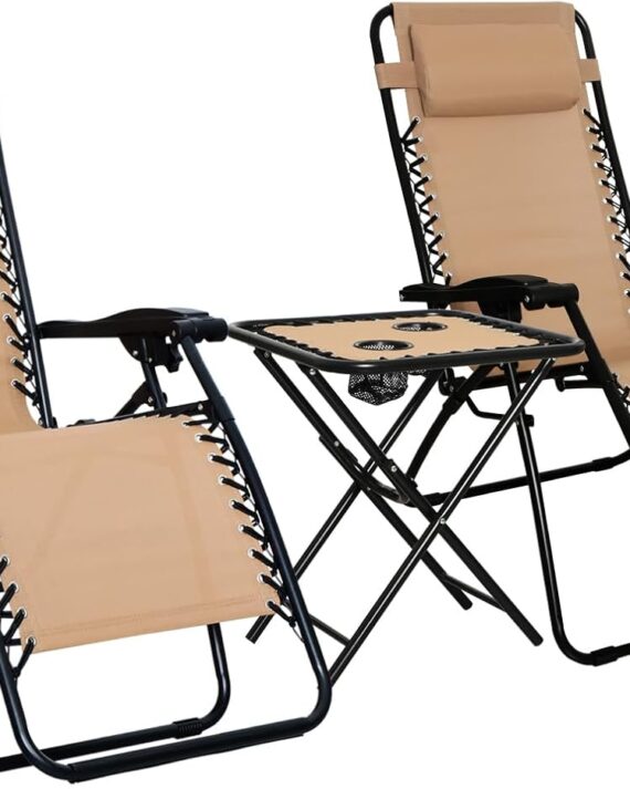 Outdoor Mesh Adjustable Zero  Lounge Chair Recliners with Side Table, 35 x 26 x 43 inches, Beige
