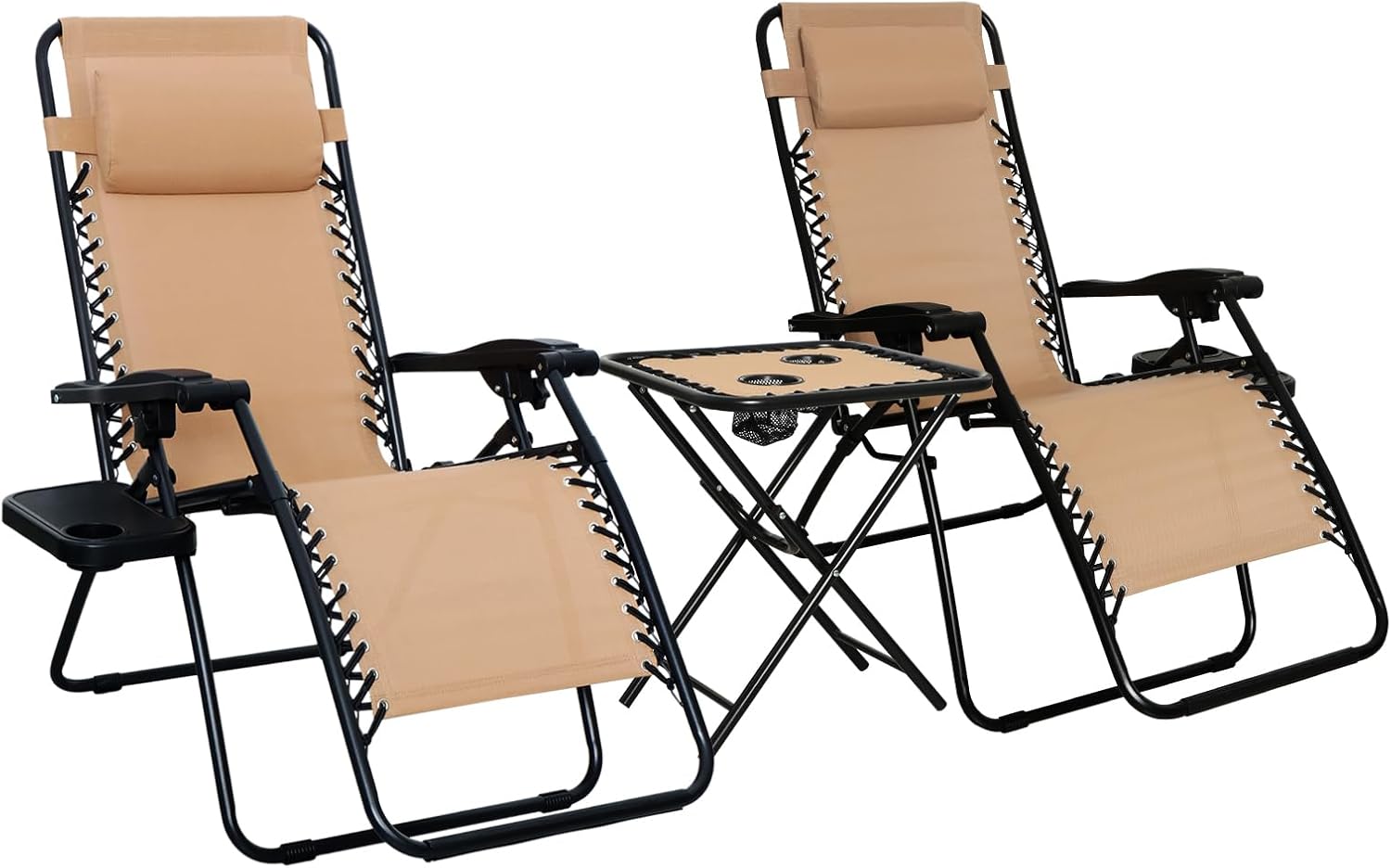 Outdoor Mesh Adjustable Zero Lounge Chair Recliners with Side Table, 35 x 26 x 43 inches, Beige