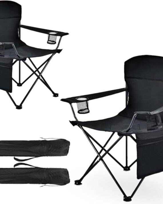 2 Pack Large Portable Camping Chair - Steel Frame, Folding Design, Storage Pockets, Cup Holder, Carry Bag - Ideal for Beach, Fishing, Tailgating, Outdoor Sports - Carry Bag