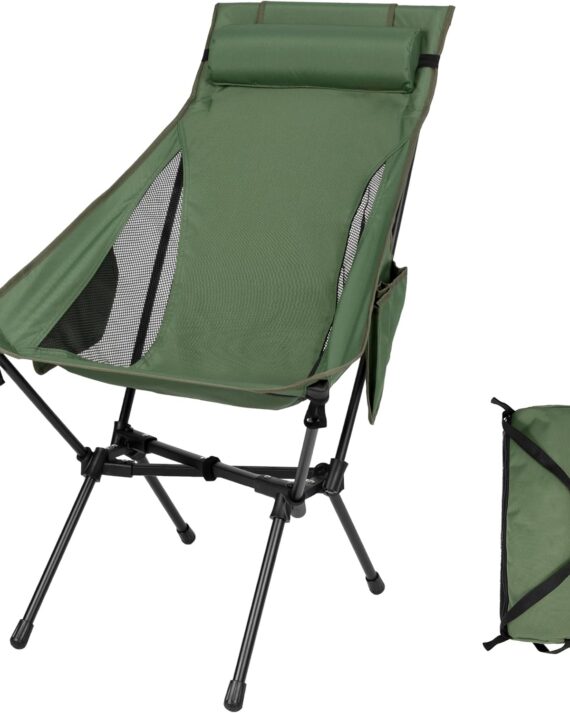 Portable High Back Camping Chair, Support Heavy Duty 440 lbs, Compact Folding Backpacking Chair with Detachable Pillow for Camp, Hiking, Backpacking(Green)