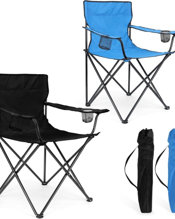 Foldable Camping Chair Set of 2,  Folding Camp Chairs & Carrying Bags for Adults, Portable for Lawn, Outdoors, Fishing, Hiking, Travel, Picnic, Beach, Oversized & Supports 275lbs (Black & Blue)