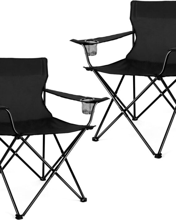 Portable Camping Chair, Outdoor Lawn Folding Chairs for Adults, Heavy Duty Large Foldable Chairs for Beach, Fishing, Tailgating and More Outdoor Sport, Carry Bag & Cup Holder (2, Black)