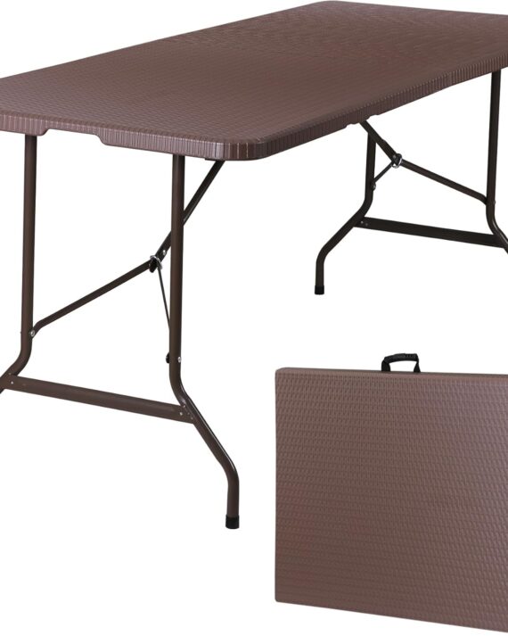 SUPER DEAL 6FT Folding Table for Indoor Outdoor, Portable Heavy Duty Fold-in-Half Plastic Dining Picnic Party Camping Table with Carrying Handle, Brown