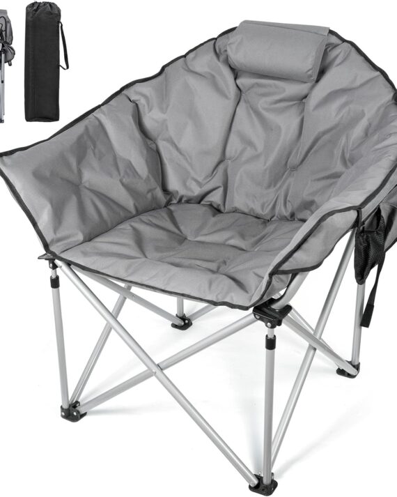 Oversized Camping Chairs for Adults, Folding Chair with Fully Padded Seat & Back, Portable Camping Lounge Chair with Two Side Pockets, Pillow and Carry Bag for Outside, Travel, Picnics