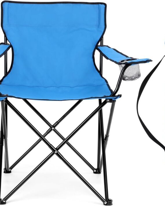 Folding Camping Chair & Carrying Bag, Foldable Camp Chair with Cup Holders for Adults, Portable for Lawn, Outdoors, Fishing, Hiking, Travel, Picnic, Beach, Oversized & Supports 275lbs (Blue)