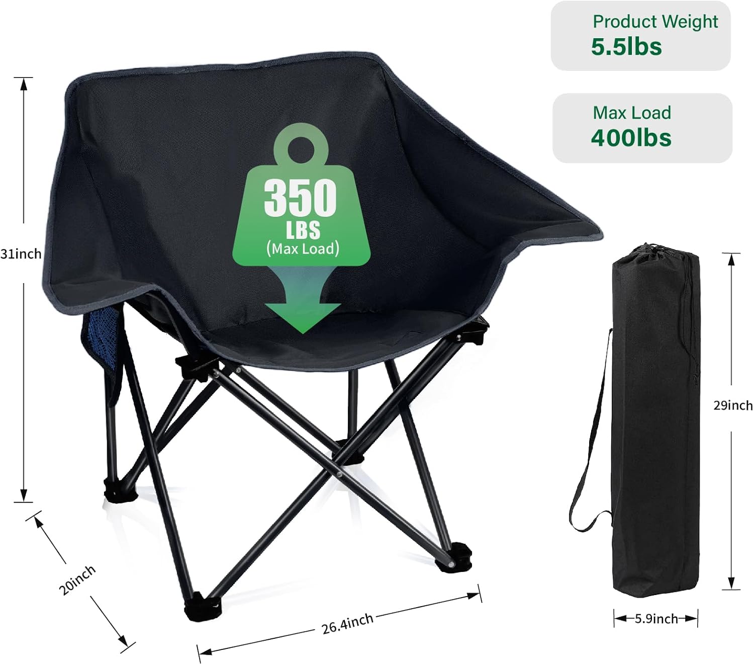 2 Pack Portable Camping Chair Compact Collapsible Outdoor Folding Sports Chairs for Adults Heavy Duty Camp Sporting Events Park Lawn 400 Lbs Black - Image 2