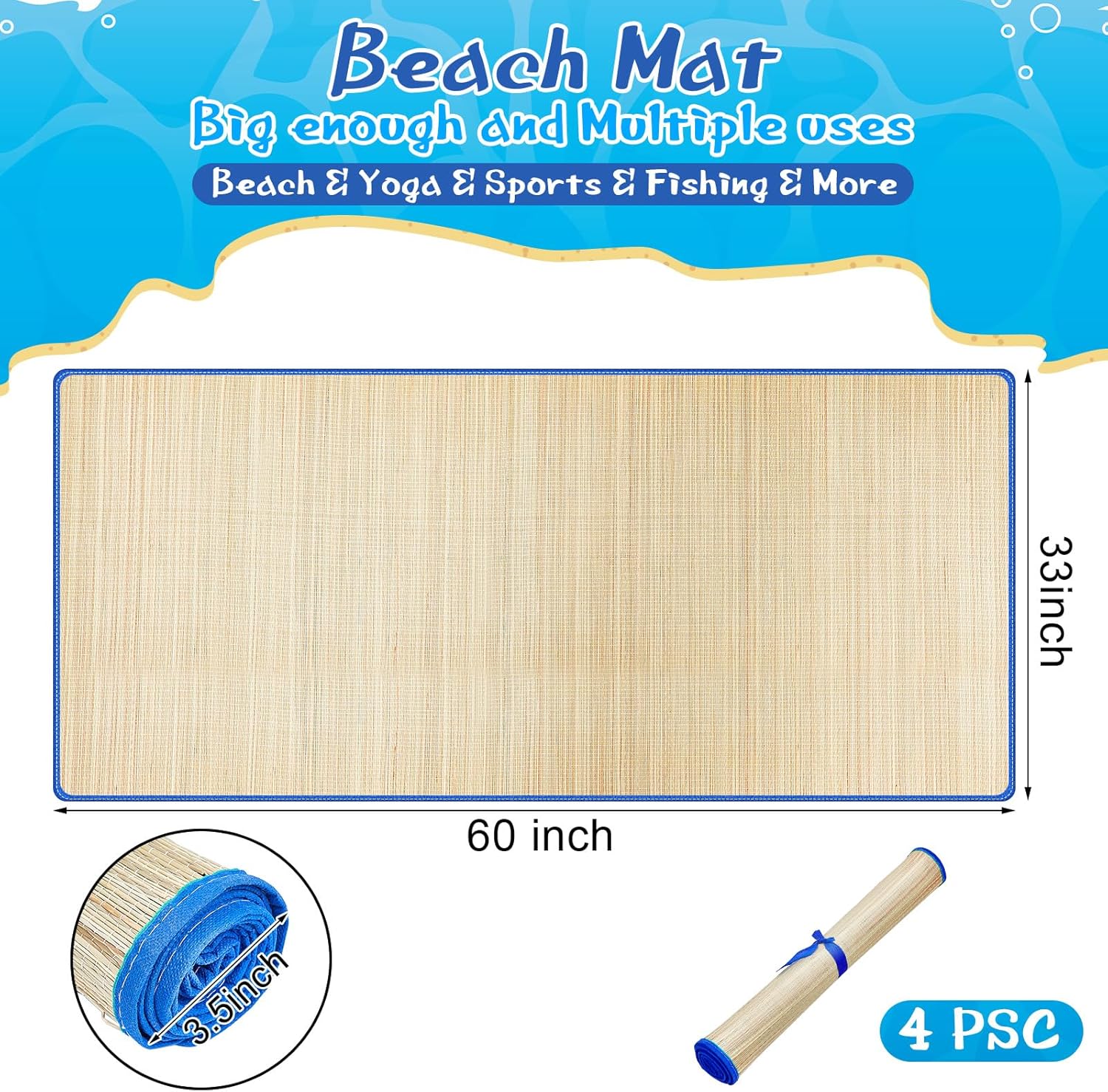 4 Packs Straw Beach Mat Waterproof Non Slip Straw Mat Foldable Lightweight Picnic Mat with Trim for Camping Sunbathing Picnic Floor Yoga - Image 2