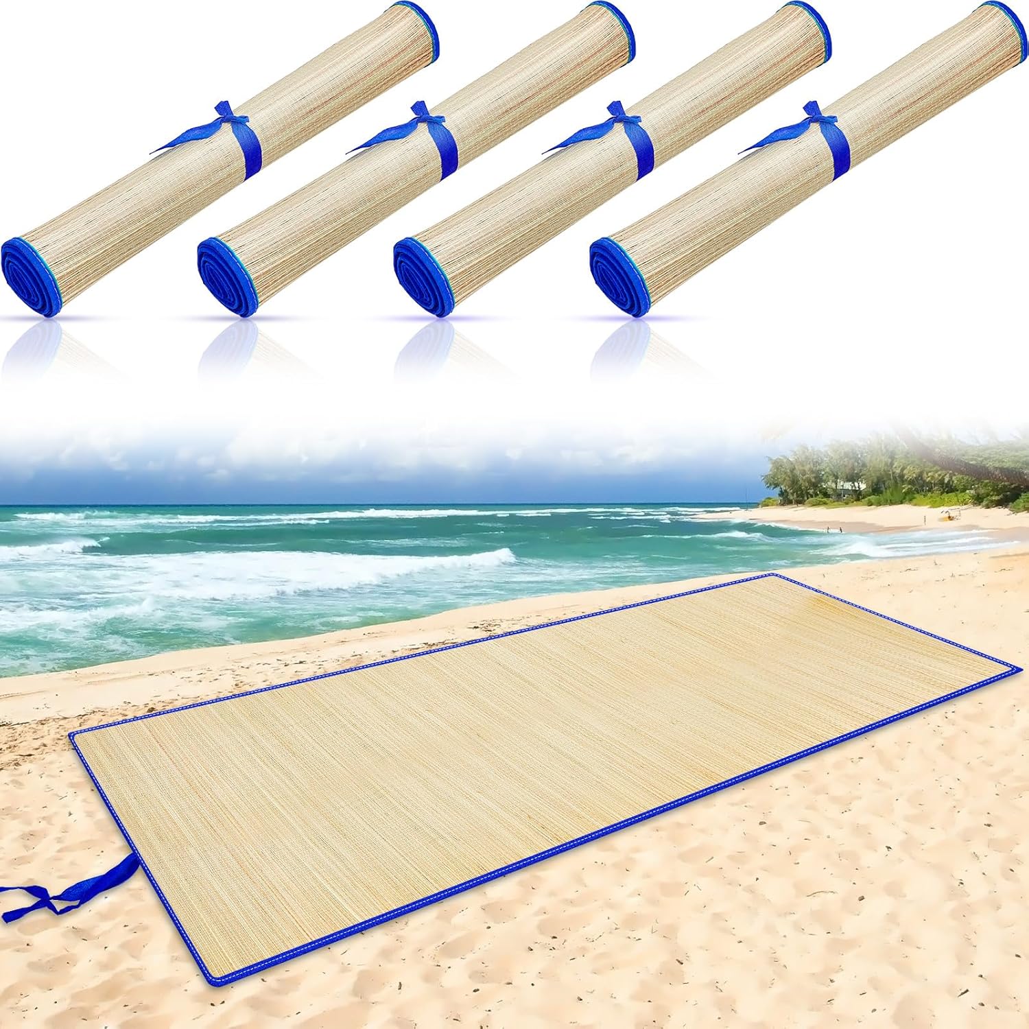 4 Packs Straw Beach Mat Waterproof Non Slip Straw Mat Foldable Lightweight Picnic Mat with Trim for Camping Sunbathing Picnic Floor Yoga