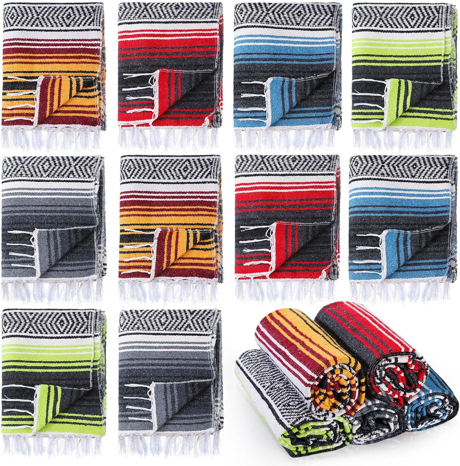 10 Pieces Mexican Blanket Bulk Authentic Woven Yoga Blanket Large Picnic Camping Rug Colorful Striped Serape for Beach Outdoor Grass Car Home(Mixed Color)