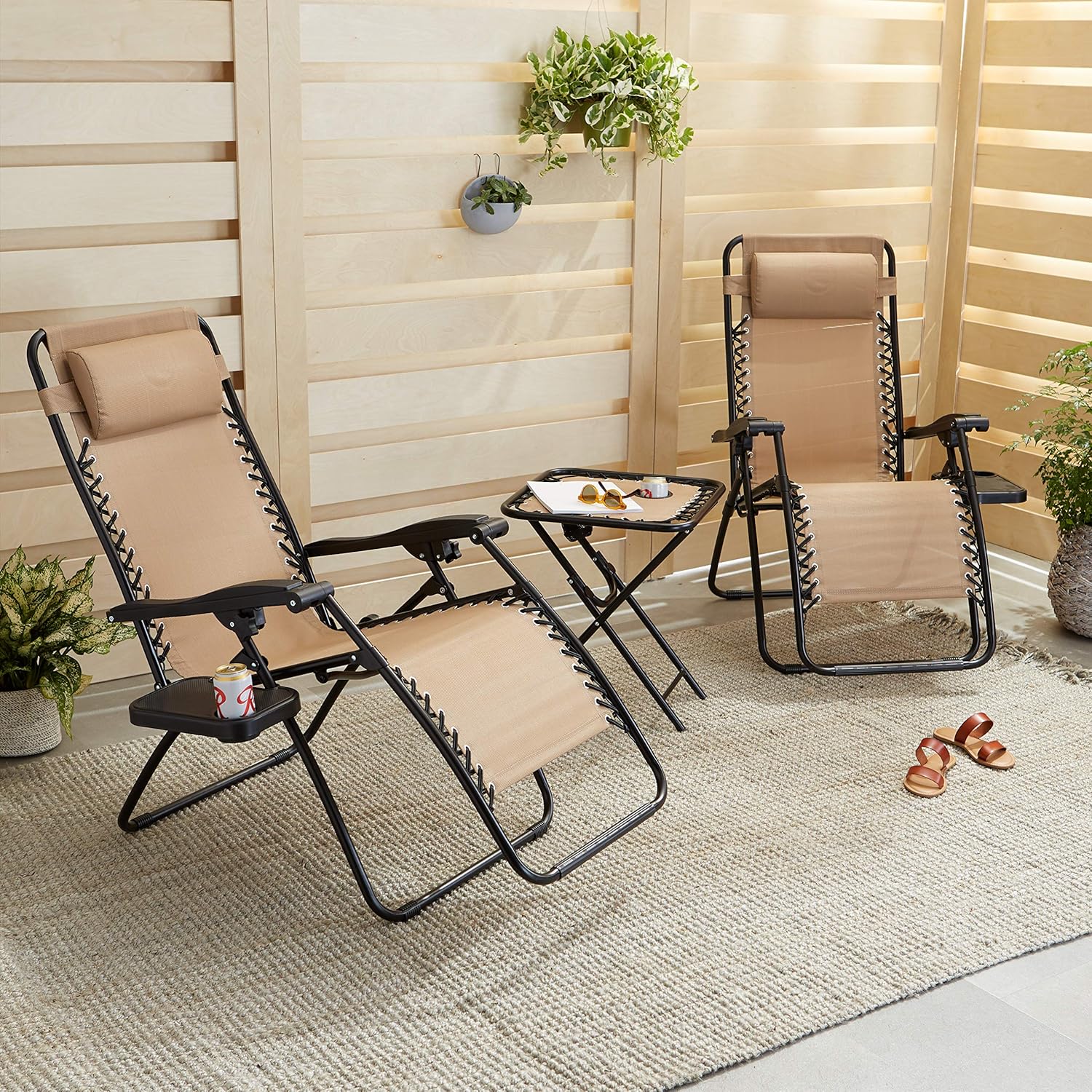 Outdoor Mesh Adjustable Zero Lounge Chair Recliners with Side Table, 35 x 26 x 43 inches, Beige - Image 2